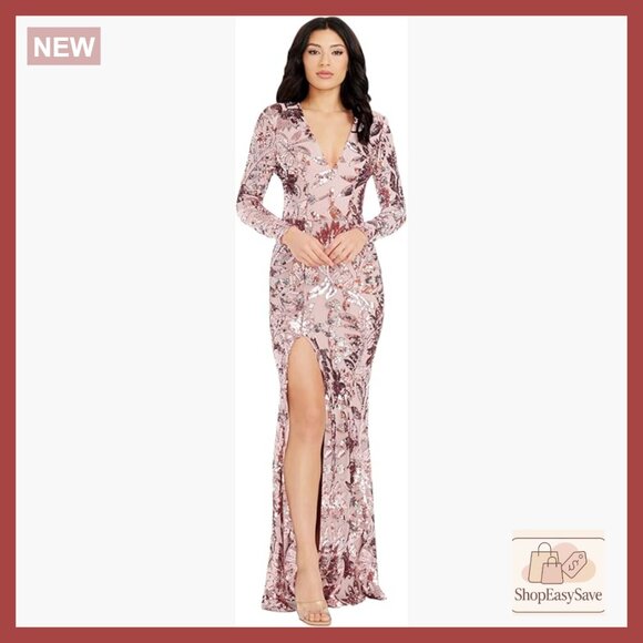 Sequin Mermaid Maxi Dress Formal Gown Long Sleeve V-Neck High Waist Elegant